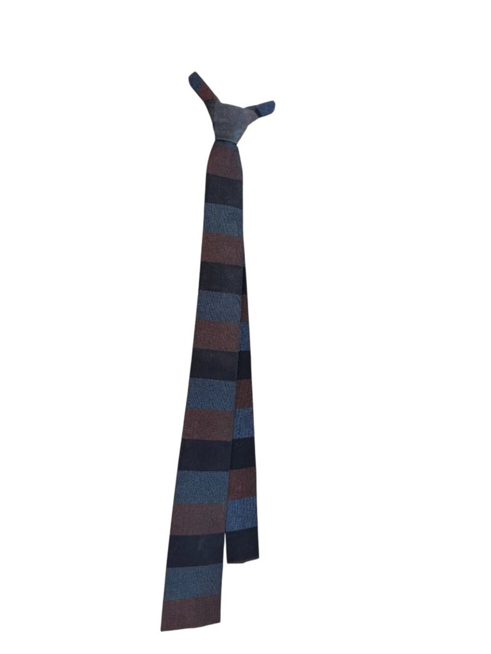 Vintage 1950s 60s Skinny Tie Brown Blue Block Stripe Montgomery-Roberts Mad Men
